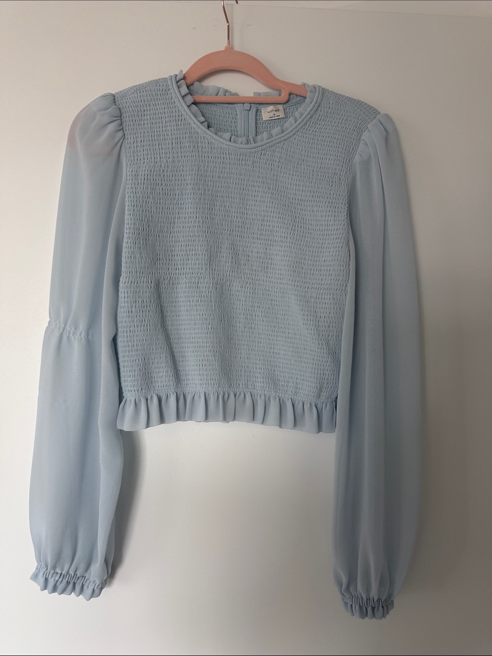 Wilfred Light Blue Smocked Ruffle-Trim Blouse